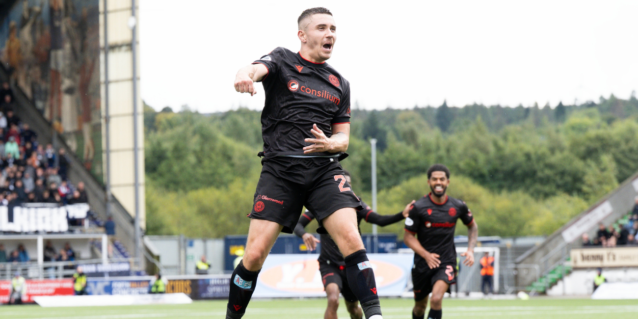 Declan John celebrates goal against Falkirk (Image: Paul Byars)