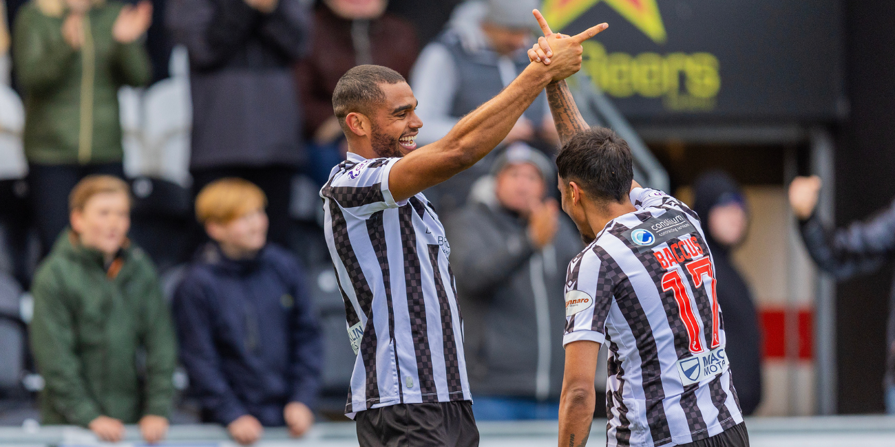 Goalscorers Keanu Baccus and Mikael Mandron celebrate last win over St Johnstone