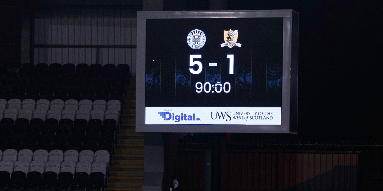 The St Mirren scoreboard reads St Mirren 5-1 Alloa Athletic